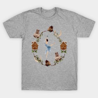 Winter Watercolor Wreath Nutcracker Ballerina Surrounded by Cute Baby Animals and Gingerbread Houses- Ballet Art T-Shirt